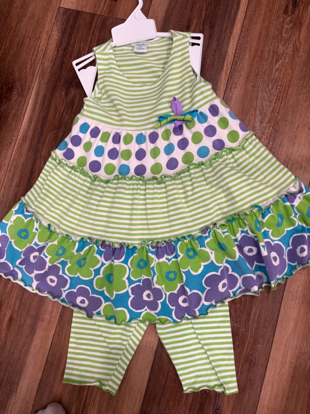 Girls Green Striped & Floral Matching Set - Tank Dress with Leggings